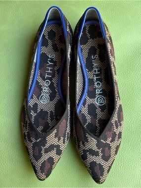 Rothy's Leopard Print Pointed Toe Flats with Blue Trim